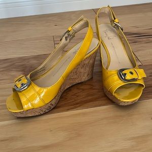 Like NEW! Franco Sarto yellow cork wedge heel with buckle - size 8.5